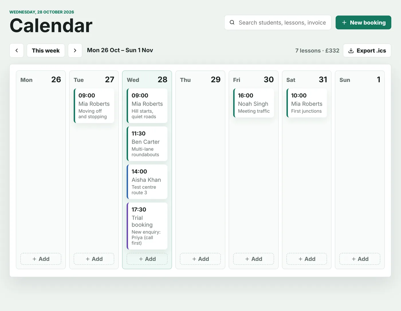 Weekly calendar with lessons booked across the week and an Export .ics button