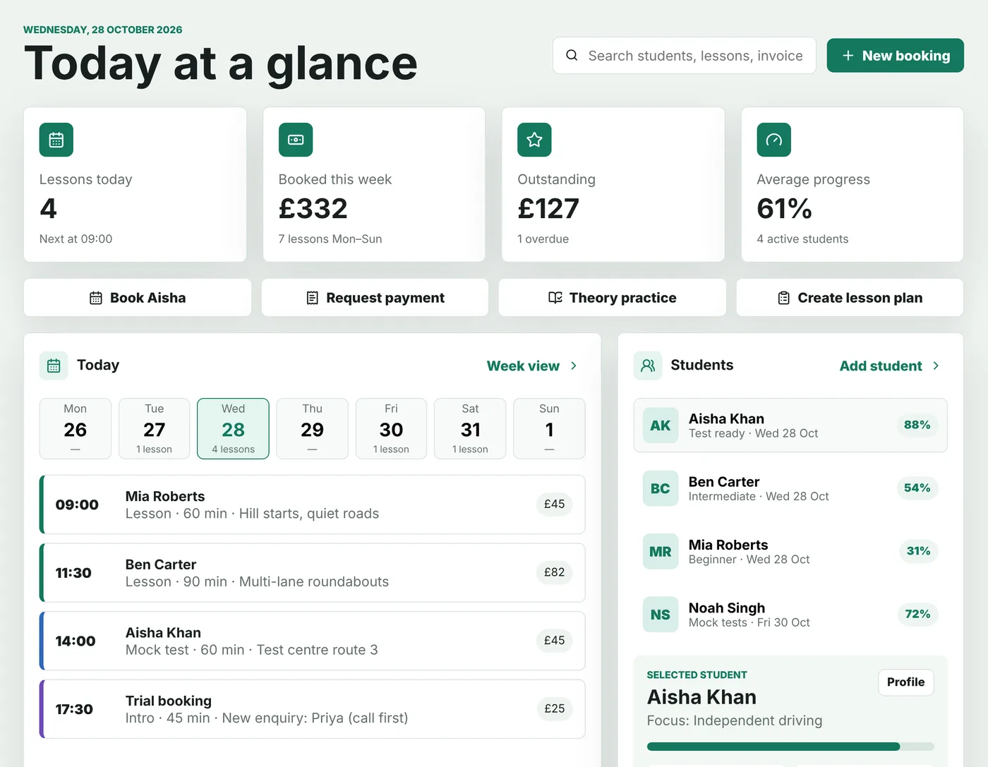 ADI Dash dashboard showing today's lessons, the week's takings, money outstanding and learner progress
